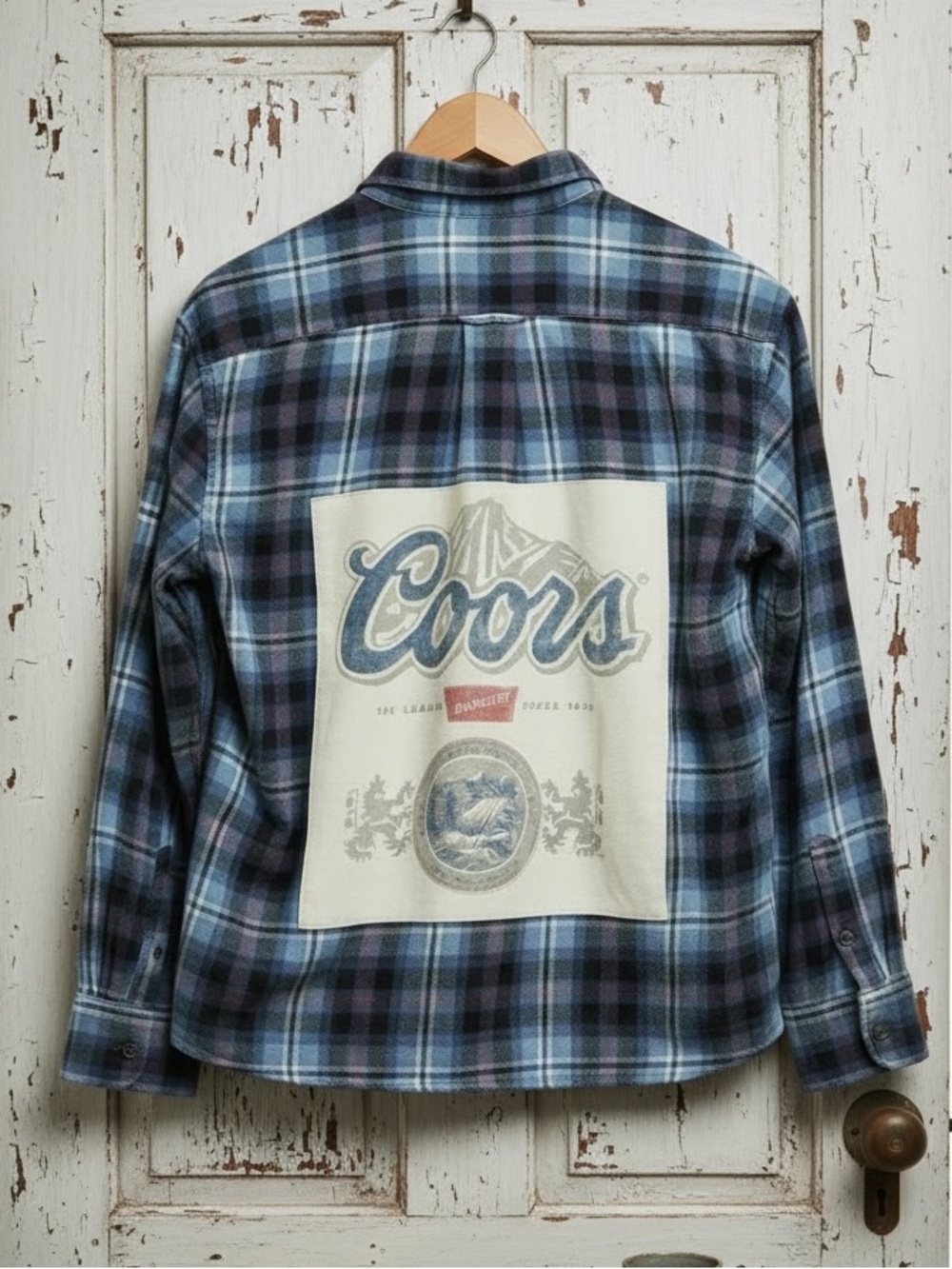 Coors Beer Upcycled T Shirt Flannel Top Beach Alcohol Theme